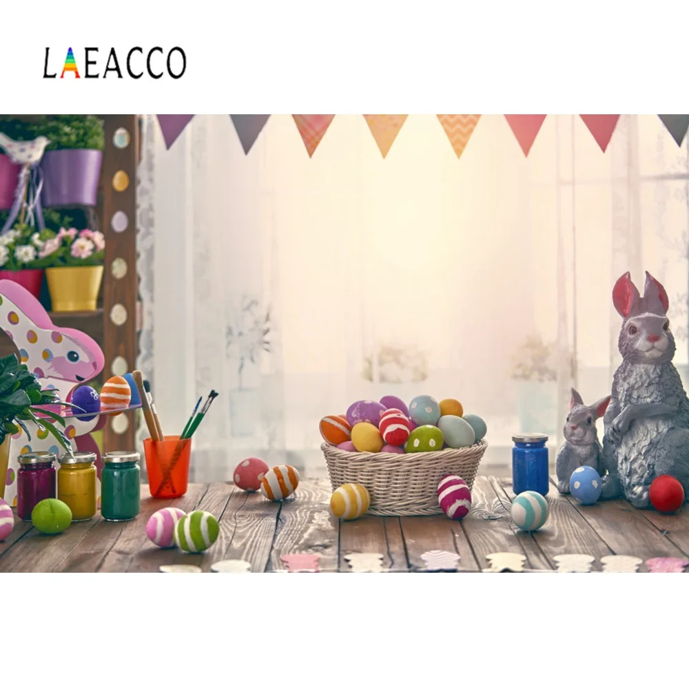 Laeacco Пасхальный день цветная корзина яйца кролик Окно Флаг деревянный пол