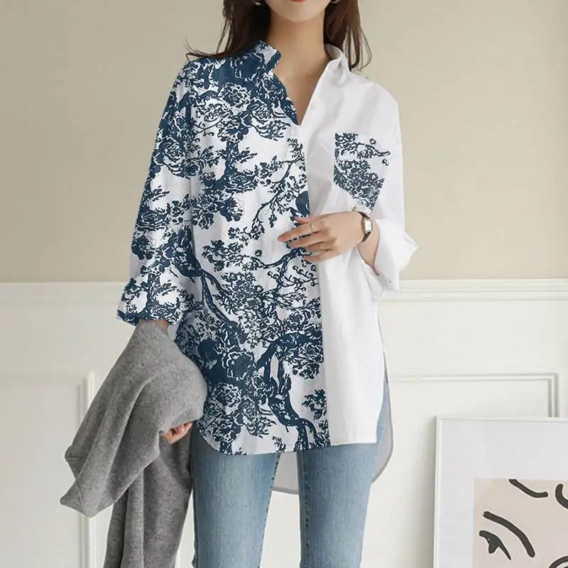 

ZANZEA OL Lapel Long Sleeve Tops Womens Patchwork Work Tunic Lady Casual Oversized Office Blusas 2021 New Fashion Printed Shirts