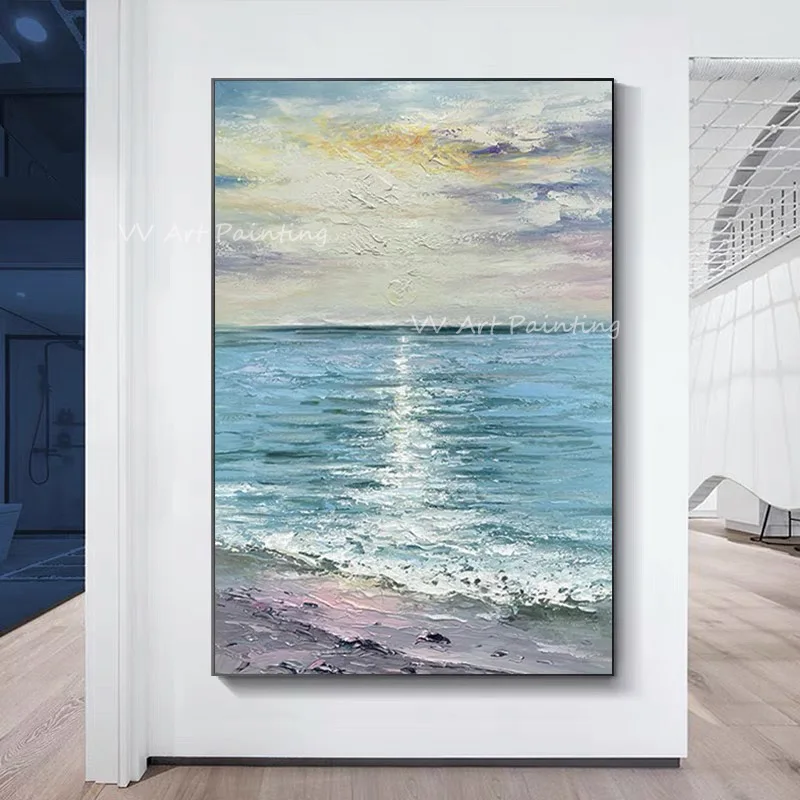 

Large Size 100% Handmade blue landscape seaside with sunrise Oil Painting On Canvas Handpainted Wall Artwork Gift Decoration