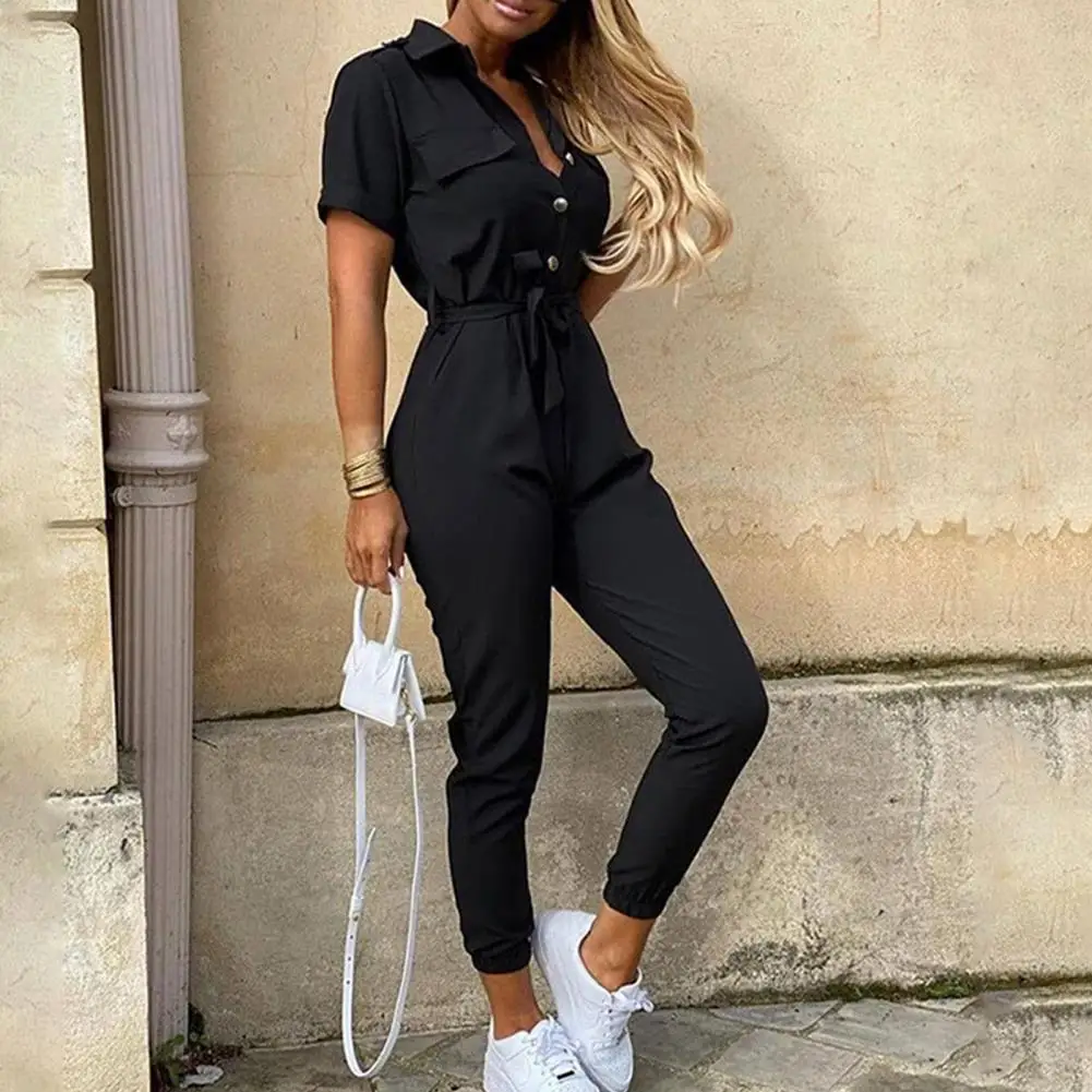 

Women Jumpsuit Solid Color Stripes Short Sleeve Turn Down Collar Slim Romper Overalls Skinny Summer Womens Streetwear Oversize