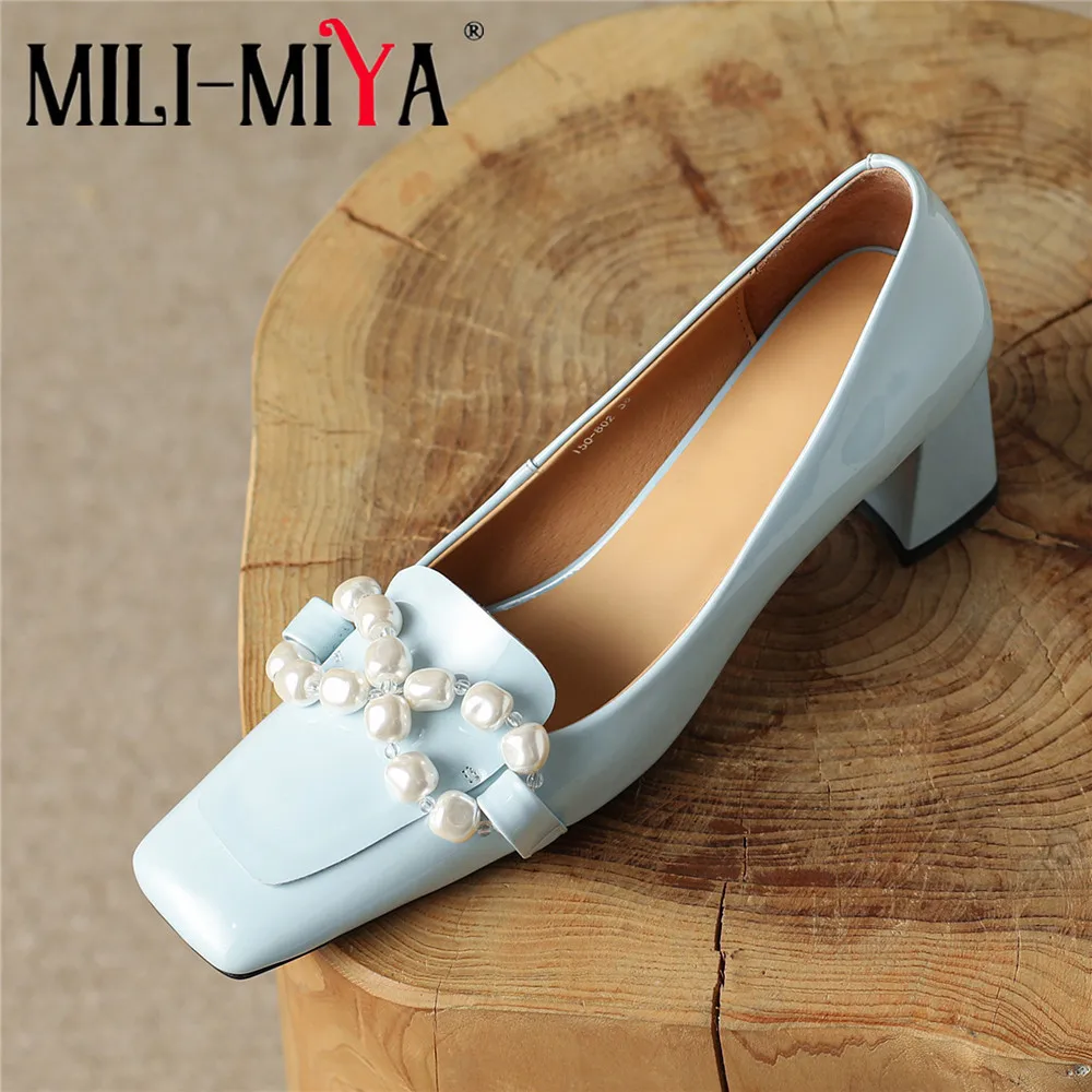

Женские демисезонные лоферы из натуральной кожи MILI-MIYA, туфли ручной работы с квадратным носком, бантом и жемчугом