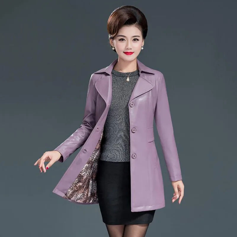 New Autumn PU Leather Jacket For Middle Age Women Elegant Casual Lapel Long Sleeve Slim Faux Leather Outwear s1672