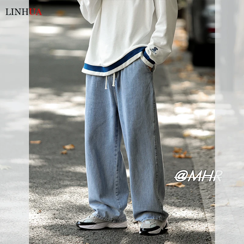 LINHUA Fashion Men Wide Leg Jeans Plus Size 5XL-M Male Elastic Waist Trousers Autumn New Streetwear Straight Baggy Denim Pants