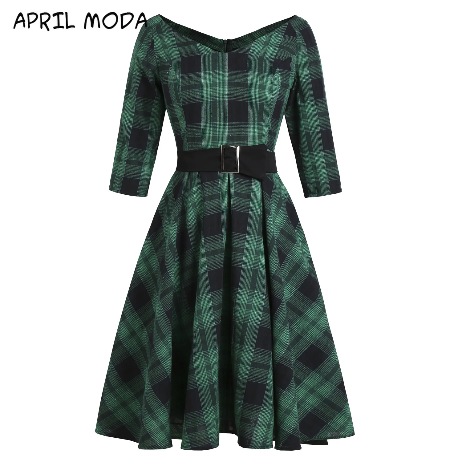 2020 осень 3/4 с длинным рукавом в зеленую клетку Женское вечернее платье стиле