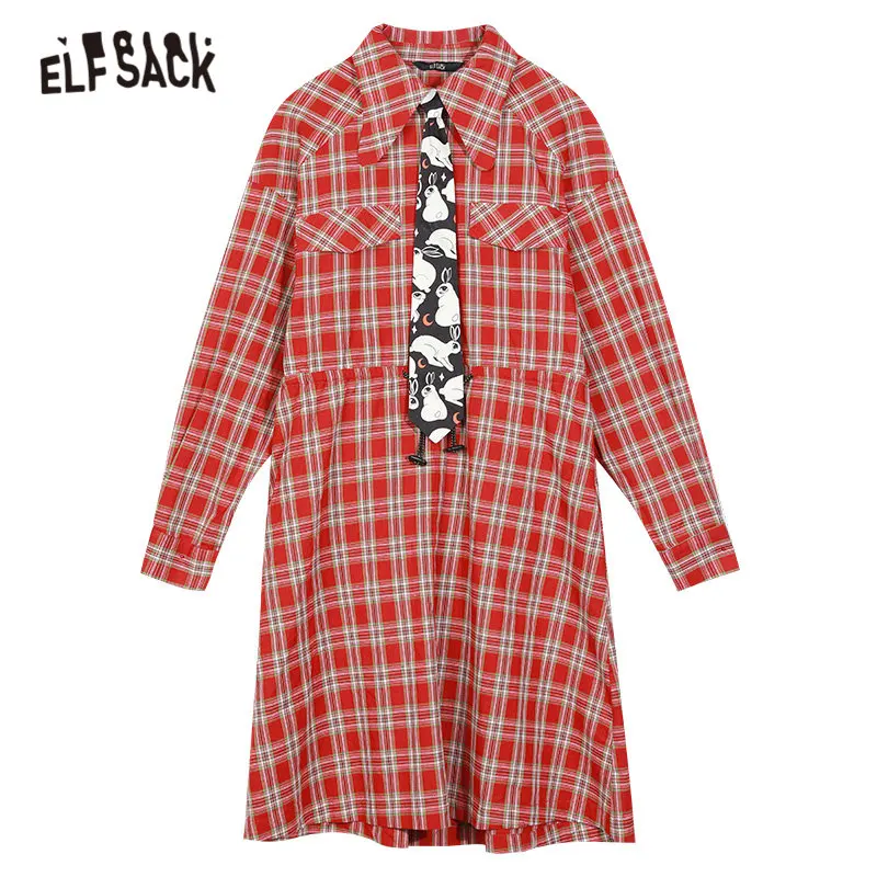

ELFSACK Plaid British Tie Front Casual Korean Preppy Dress Women,2020 Autumn ELF Vintage Full Sleeve Female Daily Dresses