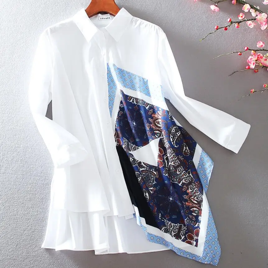 Temperament stitching contrast color blouse women square collar retro printing loose casual shirt | Женская одежда