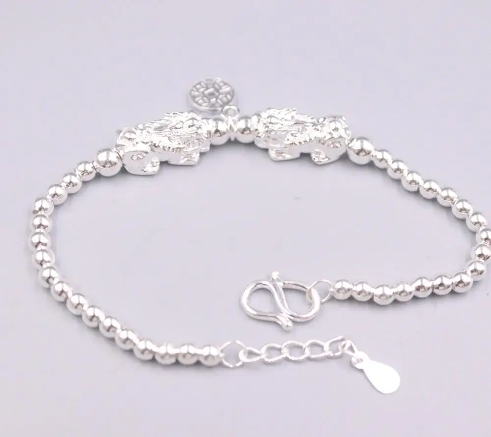

New Pure Solid 999 Fine Silver Bracelet 8mm Two Pixiu 3.5mm Beads Link Chain Bracelet Diameter 56-62mm