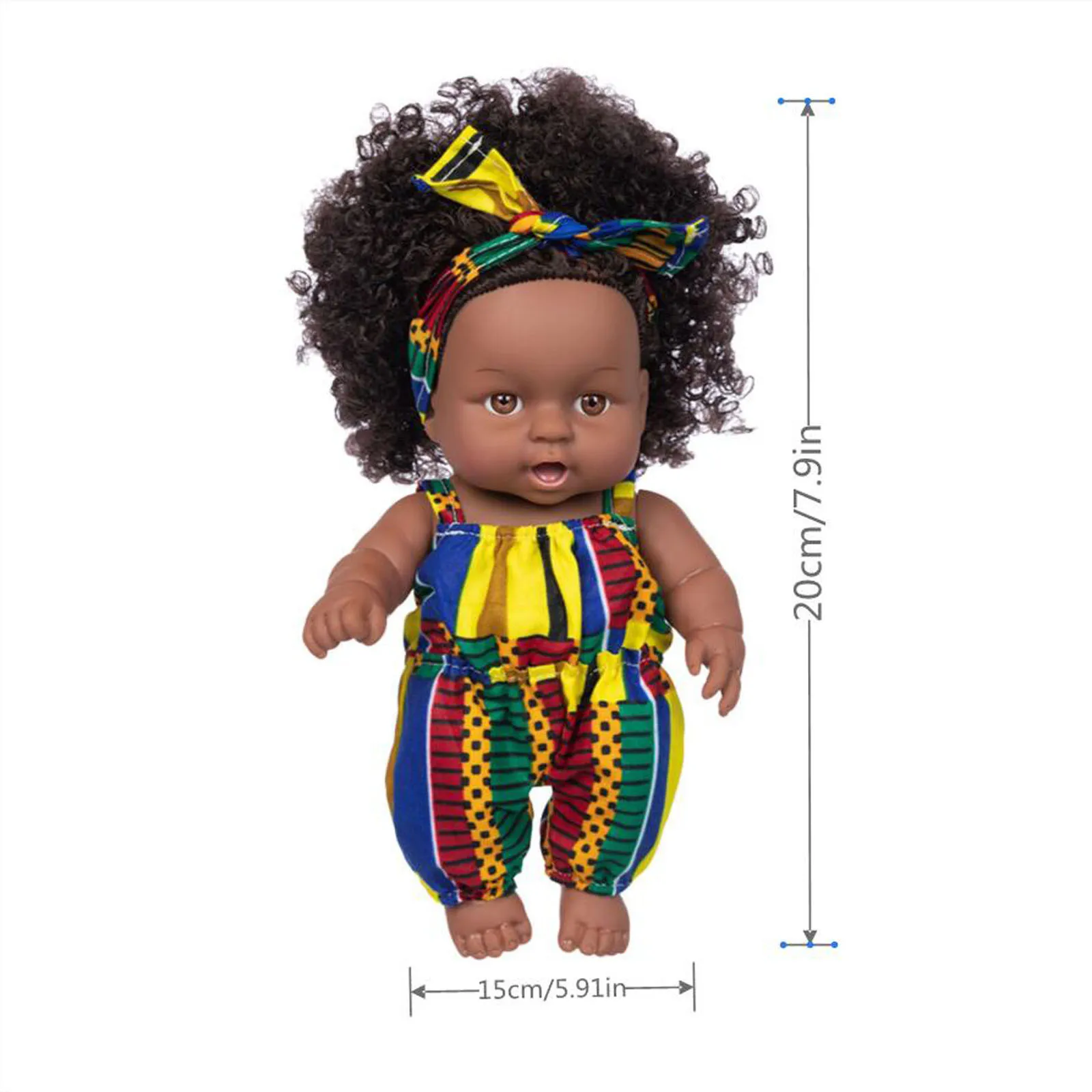 

8 Inch Black Baby Doll Clothes Set African Washable Realistic Silicone Baby Dolls with Cute Jumpsuit Hairband Best Gift for Kids