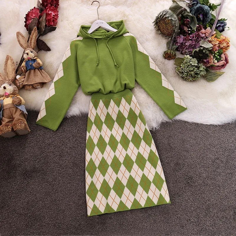 

Amolapha Women Plaid Knitted Hooded Sweaters+Skirts 2 Pieces Casual Clothing Sets Suit