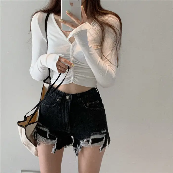 

Summer New High Waist Ripped Denim Shorts Female Irregular Splits Loose Wide-leg Hot Short Jeans Women