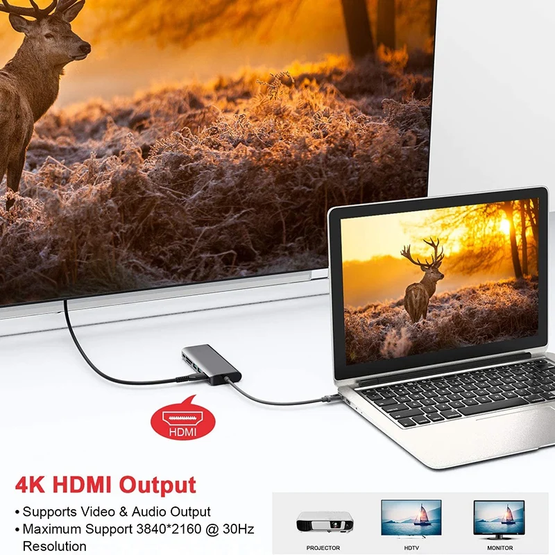 

USB C Hub 4K HD 7 in 1 Type C Hub with 4K HDMI SD TF Card Reader USB 3.0 Port RJ45 Multi Hub Splitter for Laptops