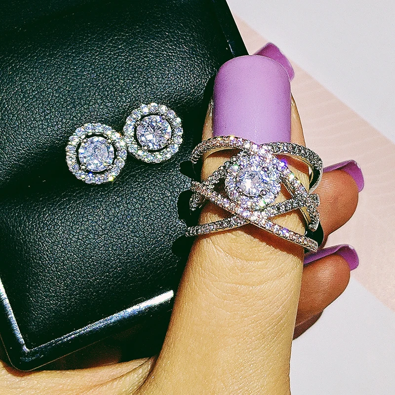 

2pcs Pack silver color bride Jewelry Set Halo Engagement Ring Round Stud Earring For Wedding Gift Party Wholesale J5569