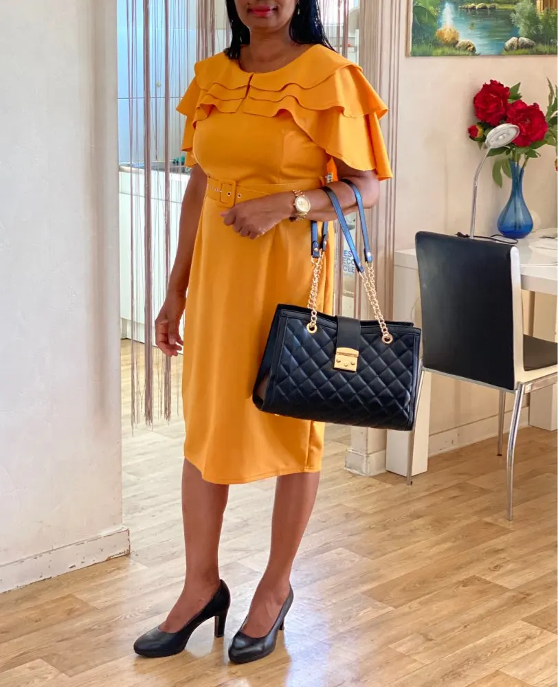 

Falbala Elegant Women Party Dress Summer African Lady Office Short Sleeve Bodycon Dresses With Belt 2020 Ruffles Dinner Vestiods