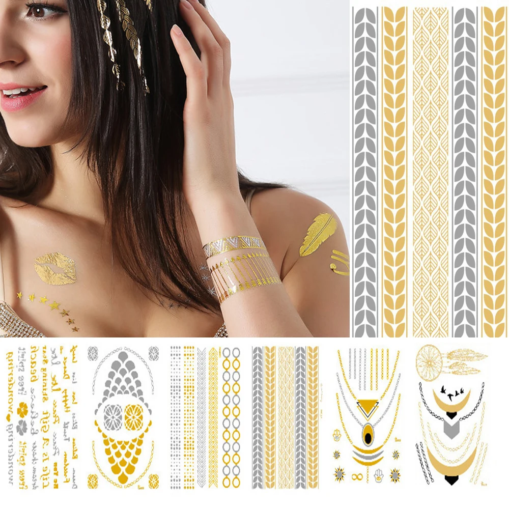 1 шт. водостойкая блестящая металлическая татуировка золото серебро женская мода