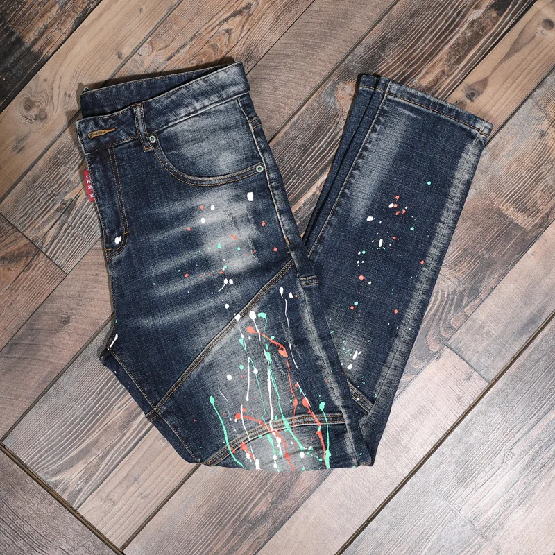 

Fashion Streetwear Men Jeans Slim Fit Elastic Destroyed Ripped Denim Trousers Painted Spliced Designer Hip Hop Punk Biker Pants