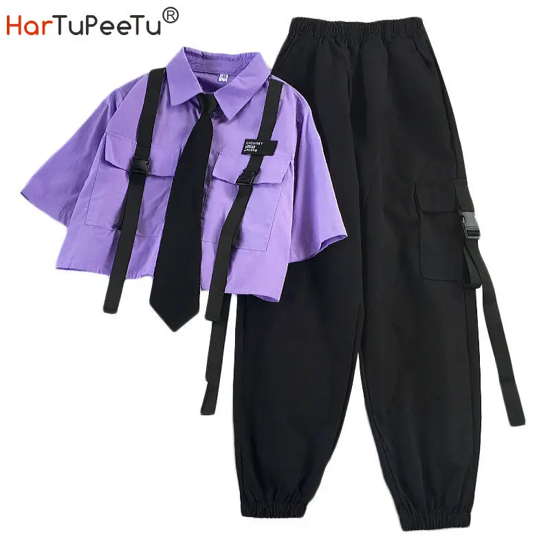 Autumn Streetwear Pants High-Waist Straight Ribbon Cargo Pants Student Harajuku Loose Short-Sleeved Shirt with Tie Two-piece Set