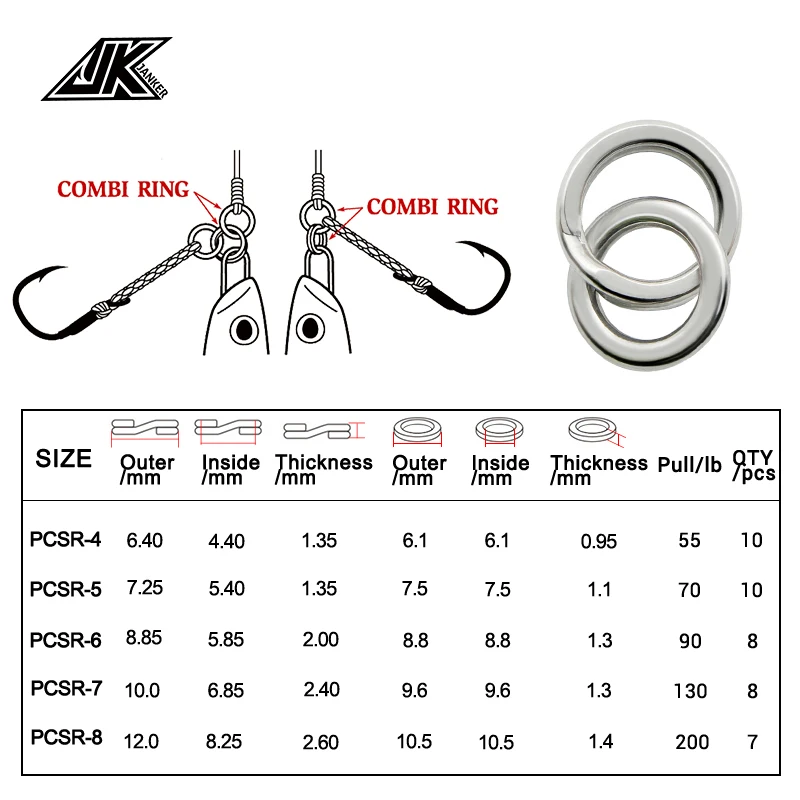 JK 55-200LB Power Combi рыболовные раздельные кольца из нержавеющей стали приманка цельная