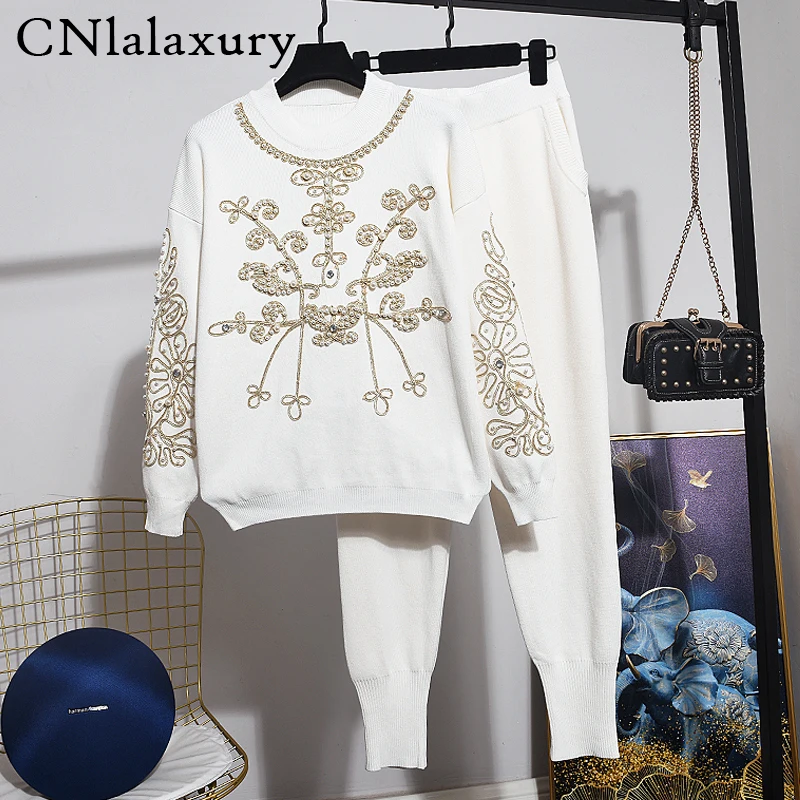 Autumn Knit Set Beading Flowers Tracksuit Female Knitted Sweater Long Pants Suit two piece set Women Knitting Outfits Winter | Женская