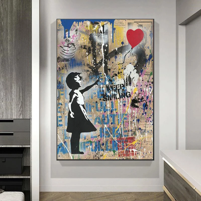 

Modern Abstract Graffiti Street Art Girl with Red Balloon Canvas Painting Posters and Prints Wall Art Picture for Living Room