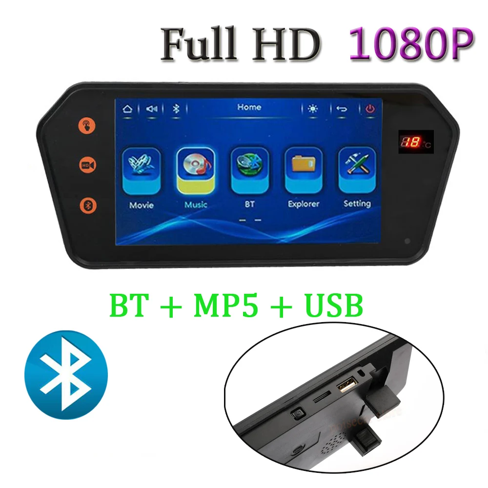Car 7 Inch bluetooth TFT LCD Color Mirror Video Monitor MP5 Player Remote Control Car Rearview Mirror With Temperature