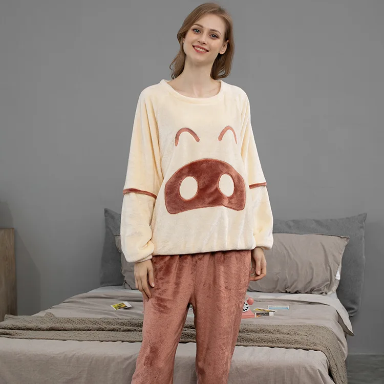 

Couple Round Neck Pullover Pajamas Cartoon Loose Thickened Warm Flannel Sleepwear Worn Outside Home Suit Autumn Winter New