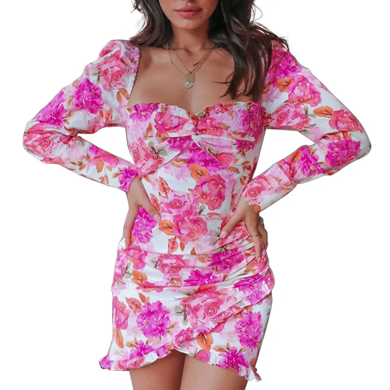 

Fashion Spring/Autumn Women Floral Print Romatic Dress Ladies Sexy Prom Ball Mini Dresses Size S M L