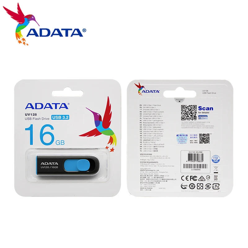USB флеш накопитель ADATA UV128 128 ГБ 64 32 16 3 2 выдвижной бескорпусный флешка высокая