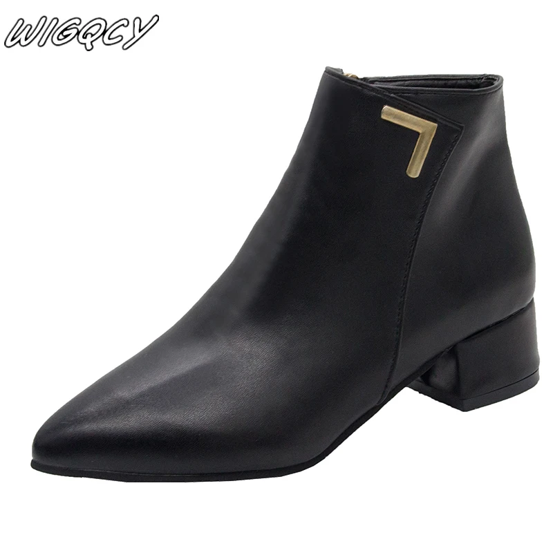 

Trend New Women's Fashion Smooth Surface Leisure Solid Pointed Toe Med Heels Ankle Boots Shoes Women boot MUJER