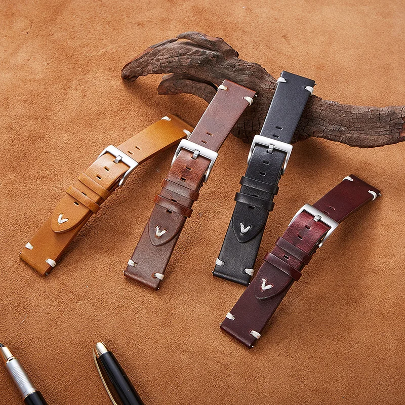 New Oil Max Leather 20mm 22mm Watch Strap Handmade Wristband Belt Brown Coffee Watchband Quick Release