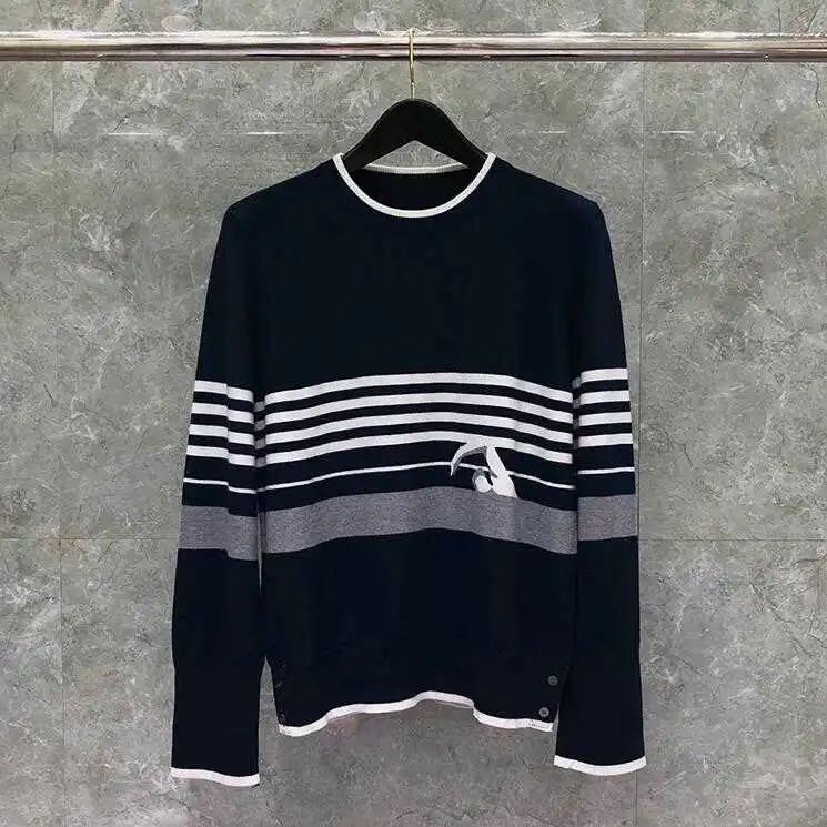 

2021 Fashion Brand Sweaters Men Slim O-Neck Pullovers Clothing Patchwork Wool Swimmer pattern Striped Winter Casual Coat