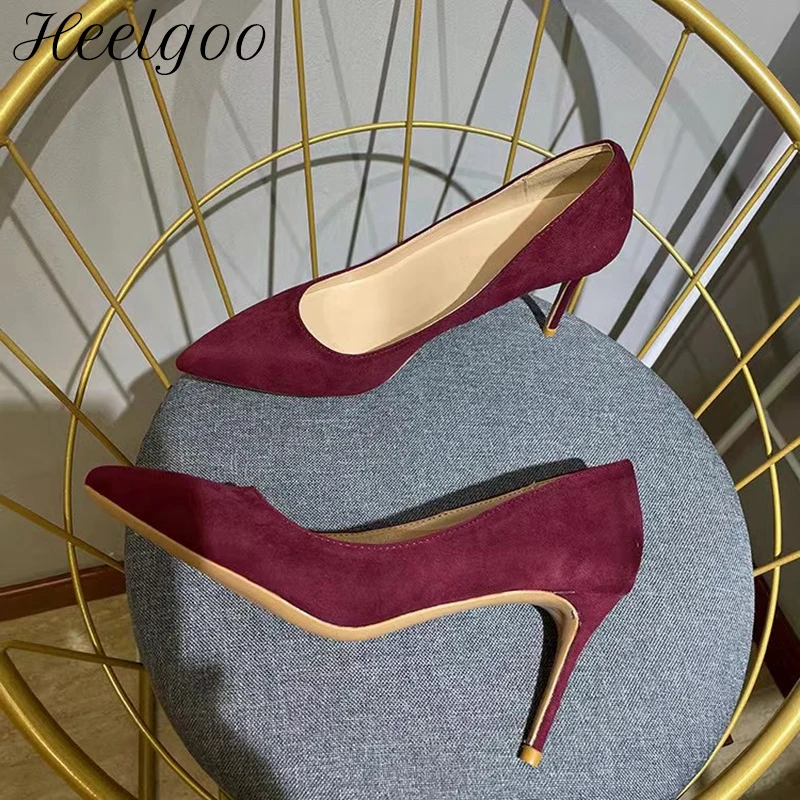 

Женские туфли-лодочки на шпильке Heelgoo, бордовые туфли из флока с острым носком, Классические официальные туфли на высоком каблуке, Элегантные замшевые туфли-лодочки винного цвета, размеры 33-45