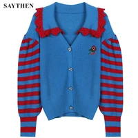 saythen new 2022 contrasting color striped flower embroidery large lapel fungus edge british style slim knitted cardigan women