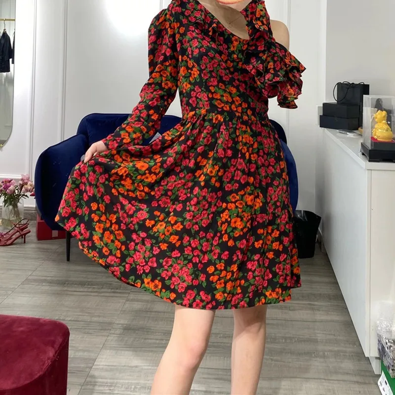 

2021 Summer Women Ruffles Mini Dress Off-shoulder Floral Printed Long Sleeve Female Dresses