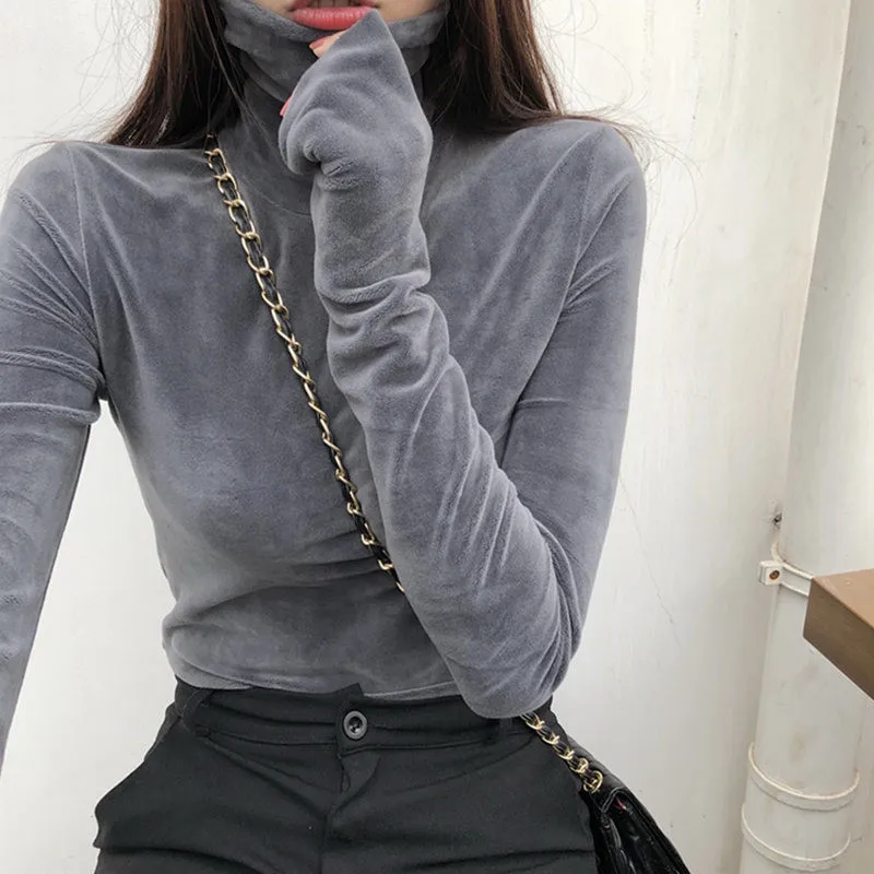 Водолазка бархатная Женская футболка с длинным рукавом пуловеры однотонные