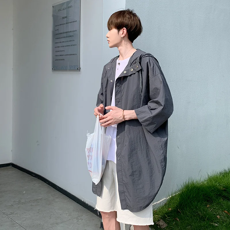 

Summer Thin Jacket Men's Fashion Casual Short-sleeved Jacket Men Streetwear Breathable Sunscreen Hooded Jackets Mens Long Coat