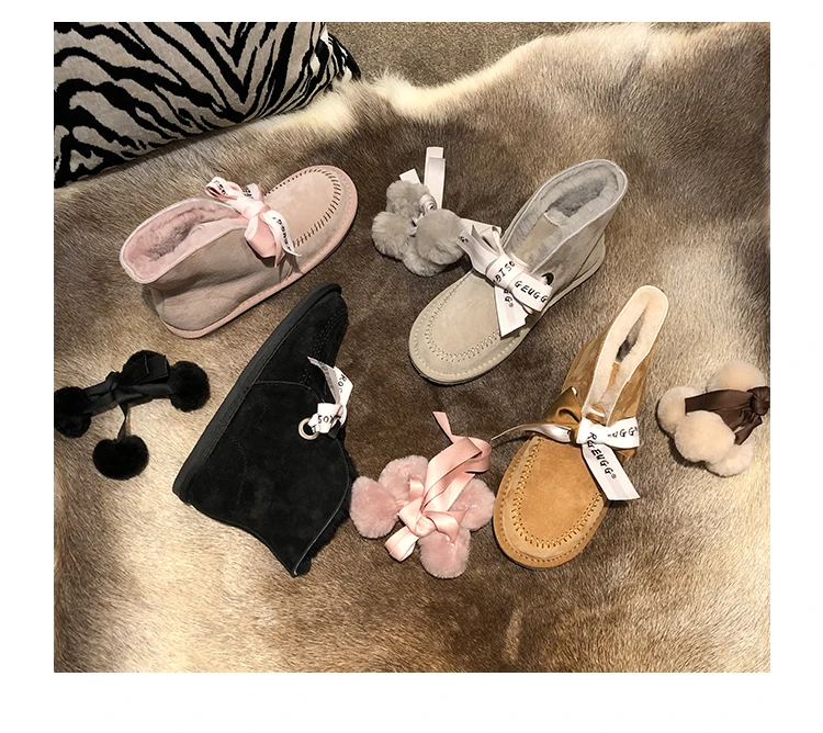 Зимние сапоги без каблуков; женская обувь с круглым носком из плюша; Zapatos De Mujer; Водонепроницаемая Толстая теплая шерстяная обувь; зимние короткие сапоги с бантом и помпонами;
