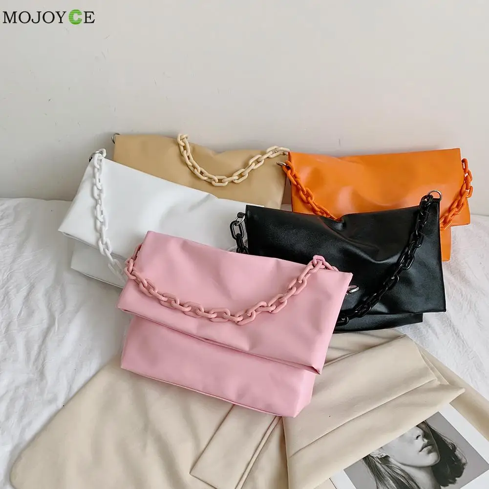 

Vintage Women Solid Color Thick Chain Shoulder Underarm Bag Casual Ladies Large Capacity Handbag