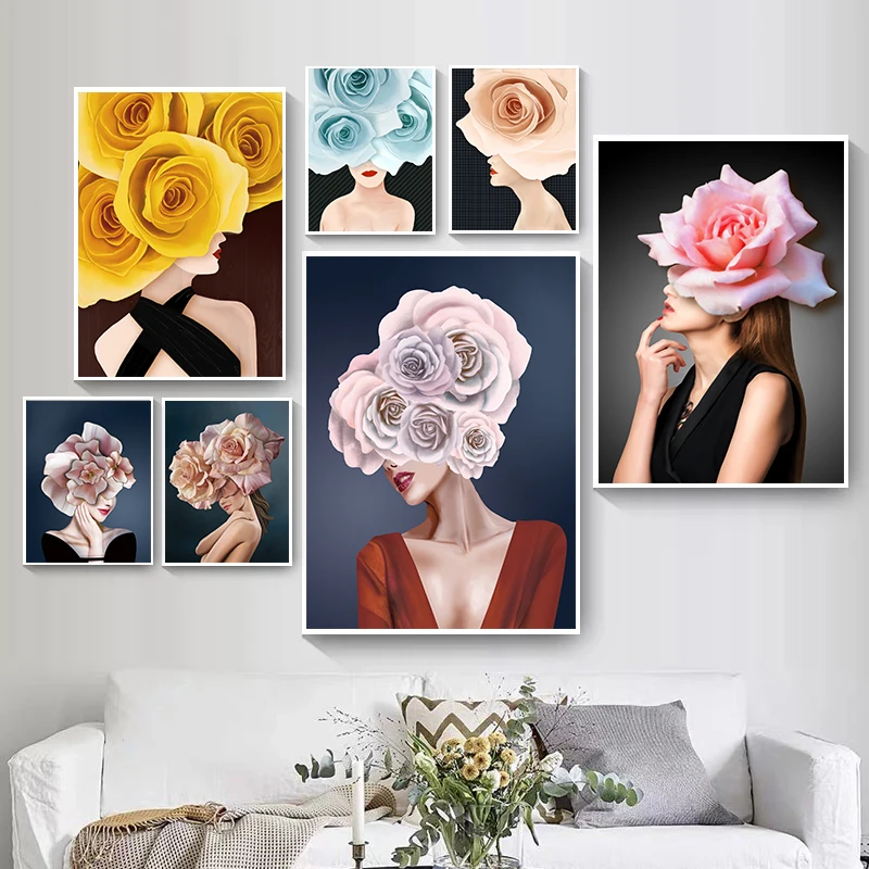 

Fashion Art Prints Colorful Flowers Poster And Print Elegant Woman Wall Pictures Canvas Painting Nordic Posters Home Decor