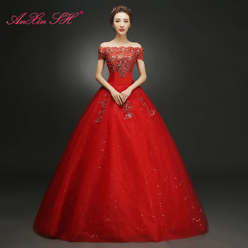 AnXin SH принцесса красный цветок Кружева Бисероплетение Свадебное платье