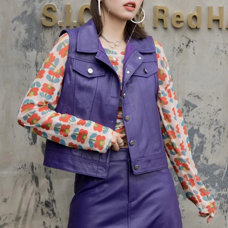 

Fashion Women Sheepskin Sleeveless Jacket Genuine Leather Vest Outwear Waistcoat Single Breasted Casual Motorcycle Vest Tops