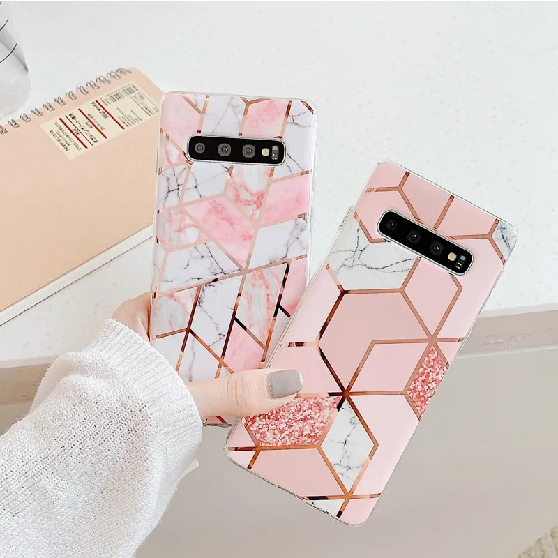 

Чехол для Samsung S8, S10 Plus, S9 PLUS, силиконовый, с розовым геометрическим мраморным рисунком