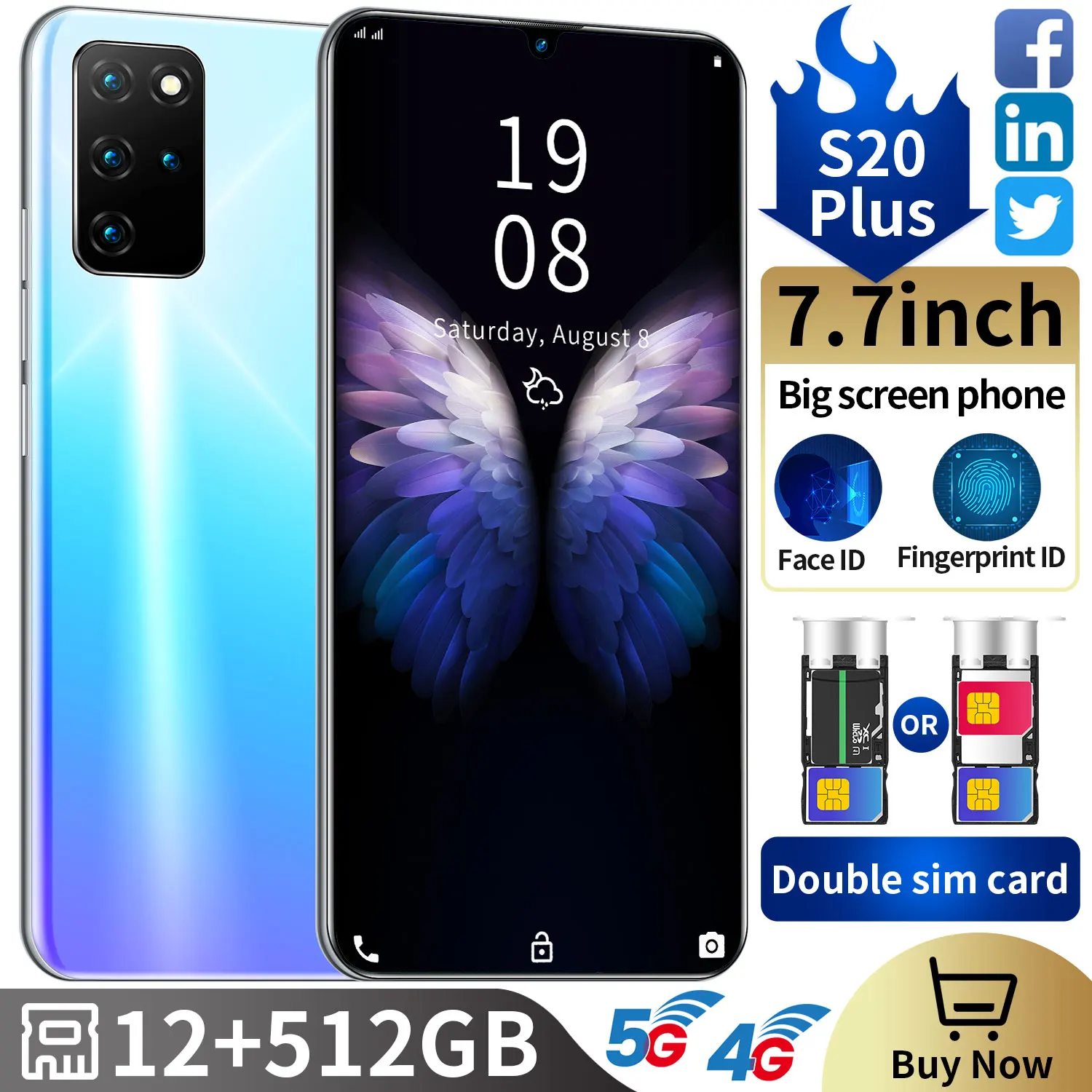 

Global Version S20 Plus 7.7in 5G Smartphone 12GB+512GB 16+32MP 10-Core 6800mAh Cellphone Unlock Dual SIM Dual Standby Phone