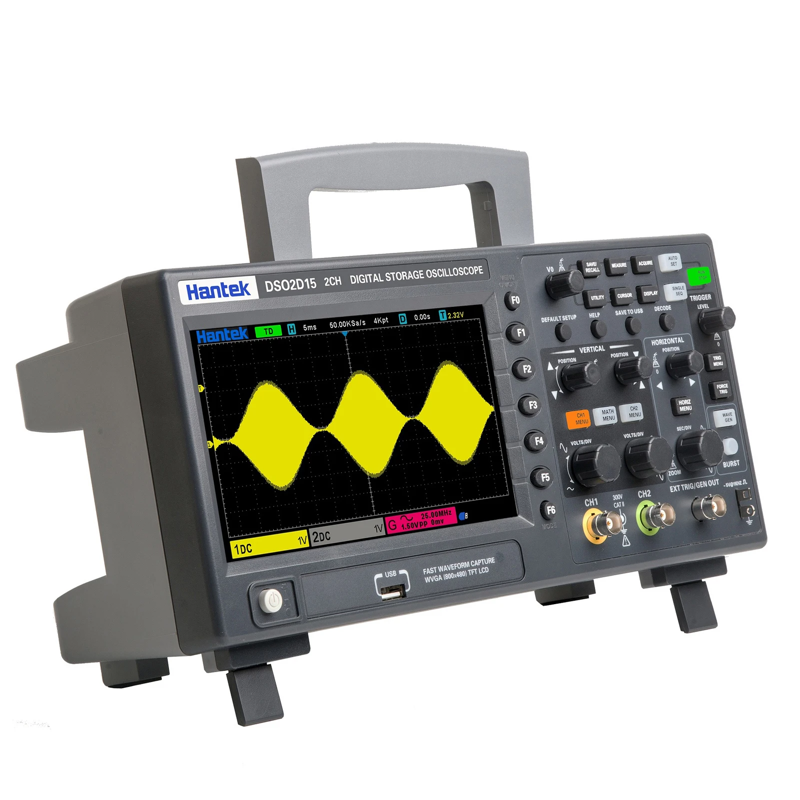 

Цифровой осциллограф Hantek DSO2D15, 2 канала + 1 канал, 800*480 пикселей, 150 МГц, ширина полосы 1 Гвыб/с, частота дискретизации