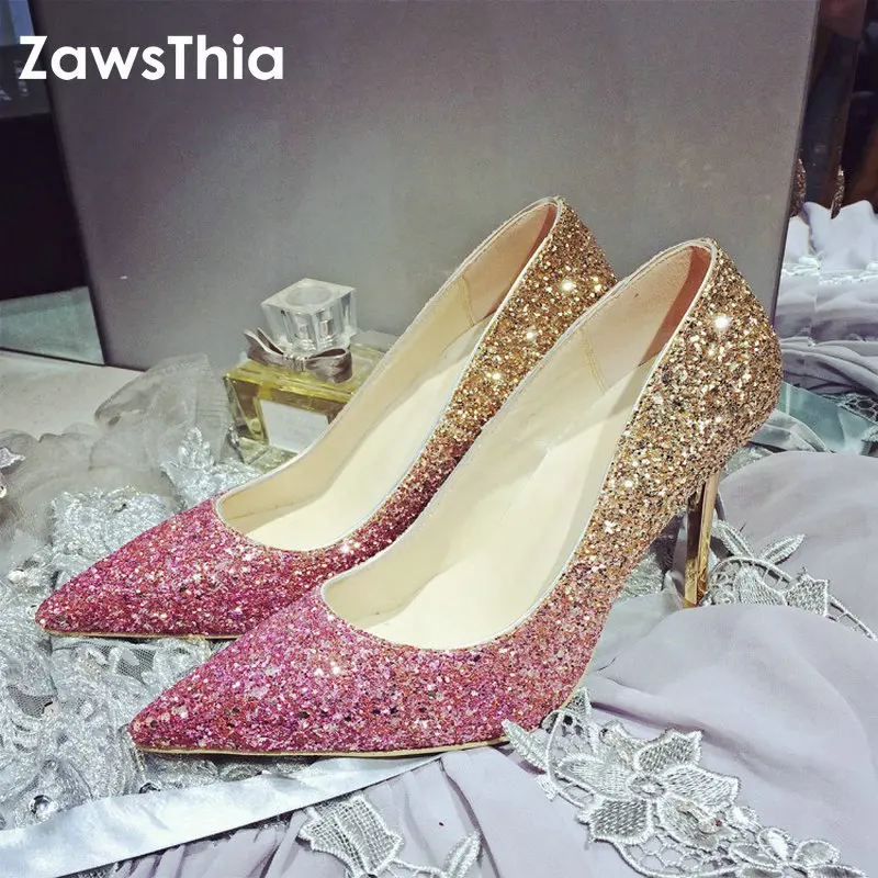 ZawsThia/блестящие женские свадебные туфли из натуральной кожи на высоком каблуке