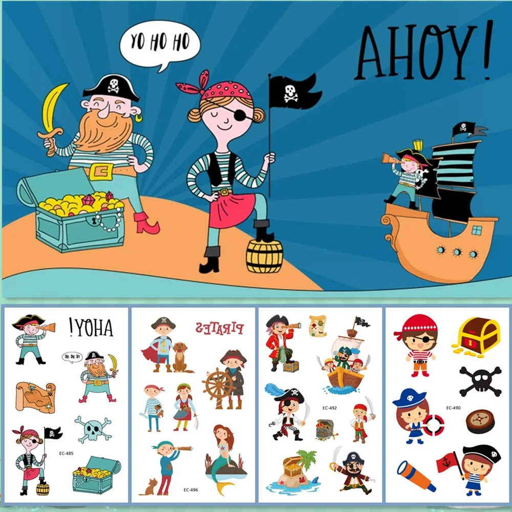 

12 kinds Cartoon Pirates Temporary Tattoo Stickers for Kids faux tatouage temporaire Disposable Children Cute Boy Gift