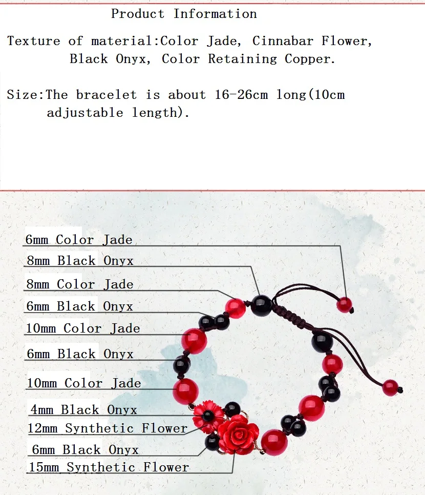 Hand Knitted Vintage Black Onyx Beads Strand Bracelet Classical Cinnabar Synthetic Flower Charm Bracelets Woman Jewelry Gift | Украшения и