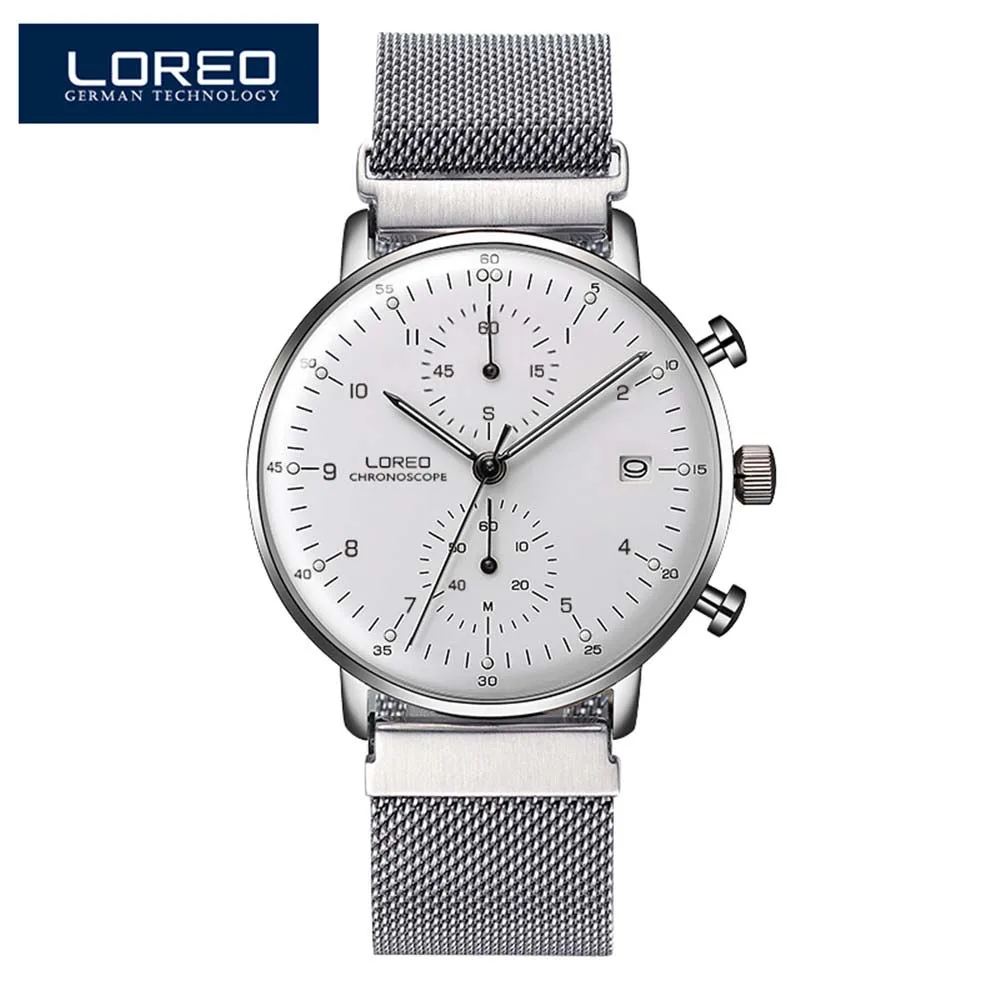 

LOREO Mens Watches Top Brand Luxury Calendar 50M Waterproof Quartz Watch Men 316 Stainless Steel Mesh Strap Business Wrist Watch