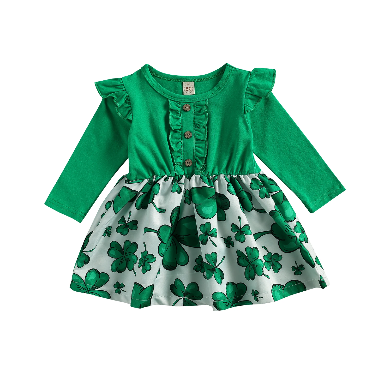 

St. Patrick's Day Girl's Clover Print Patchwork Green Dress Round Neck Long Sleeve Ruffles Button Sundress Infant Clothing