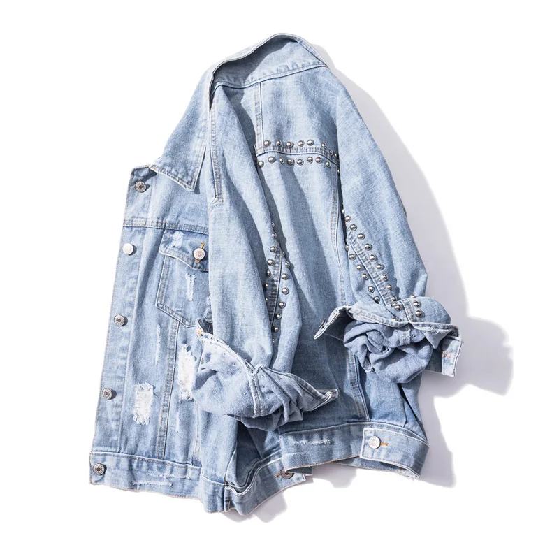 

Plus Size Streetwear White Wash Loose Ripped Studded Women'S Denim Jacket 4XL 5XL Women Rivet Short Jeans Jackets Casual Coat