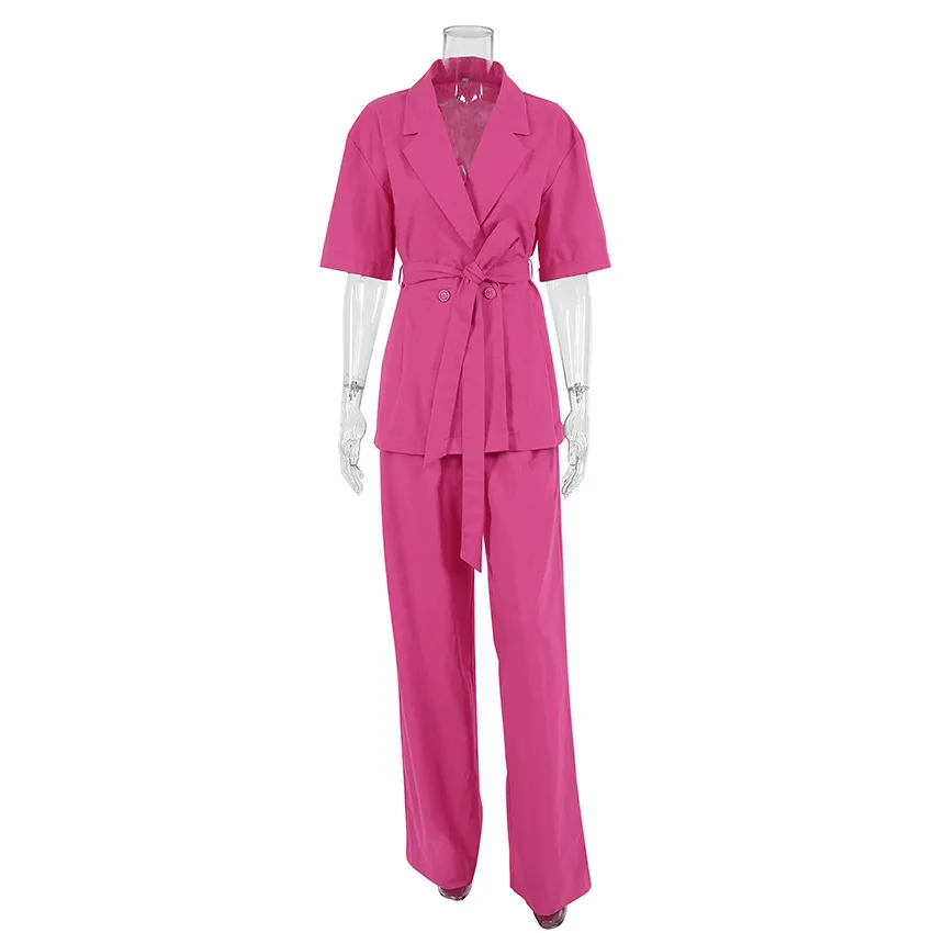

SE011 Rose Red Solid Color Two Pieces Suit Office Lady Double-breasted Lapel Blazer With Sashes Zipper High Waist Wide Leg Pants